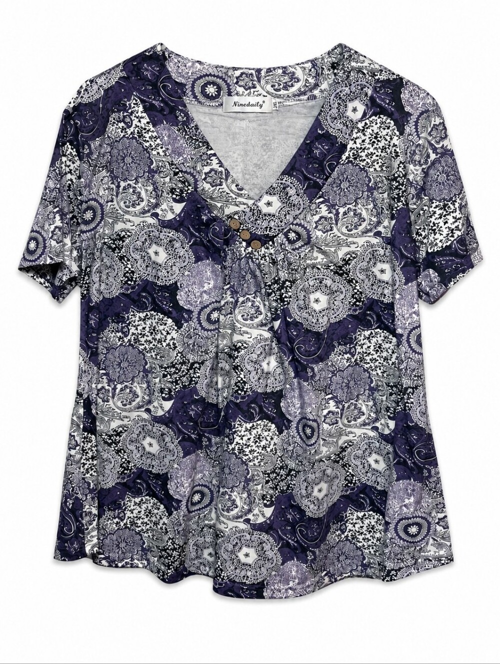 Ninedaily Purple White Paisley V-Neck Short Sleeve Blouse Size 2XL
